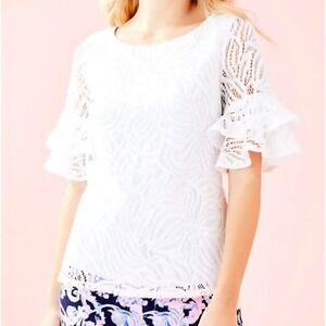 Lilly Pulitzer Lula White Lace Ruffle Sleeve Top Blouse Shirt Women's XS